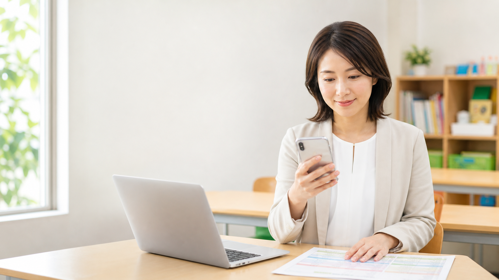 スマートフォンと授業予定表を確認する習い事教室の先生