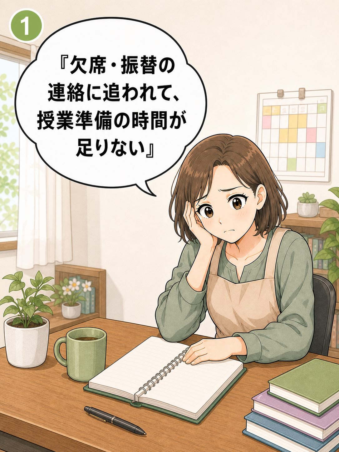 欠席や振替の連絡に追われ、授業準備の時間が足りないと悩む架空の習い事教室運営者