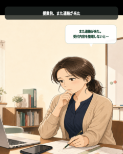 公式LINEに届く連絡を見て、受付の整理を考える架空の教室運営者を描いた4コマ漫画の1コマ目