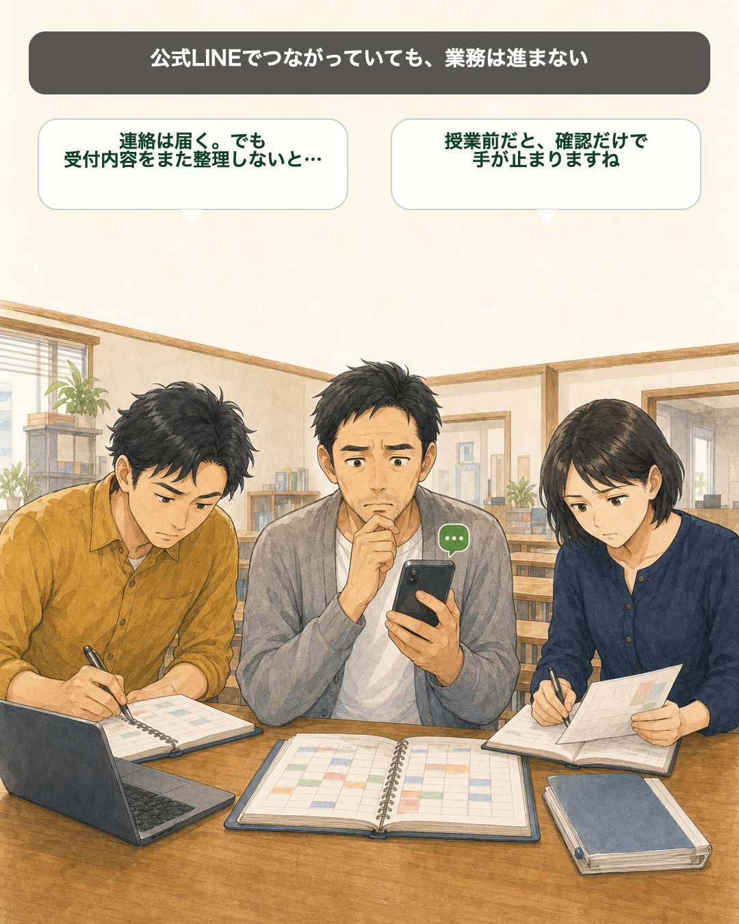 公式LINEに届く連絡を見て、受付の整理を考える架空の教室運営者を描いた4コマ漫画の1コマ目