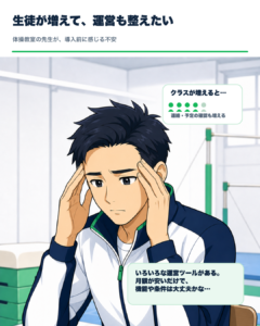 体操教室の先生が月額だけでなく教室管理システムの条件を検討する漫画